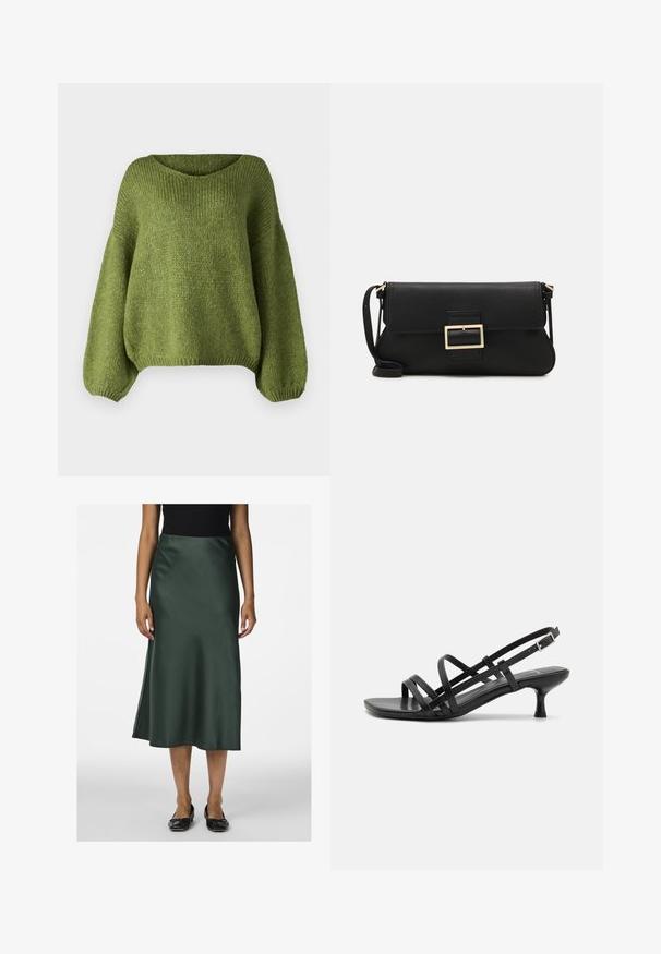 JDY JDYDINEA L/S REVERSIBLE - Jersey de punto - fern; Falda midi de satén verde con una textura suave, dobladillo ligeramente acampanado y una abertura lateral, combinada con zapatos planos negros.; Sandalias de tacón negro con múltiples tiras entrecruzadas. Material suave, puntera afilada y tacón estrecho. Correa de tobillo ajustable con hebilla.; Bolso de mano de cuero negro con una solapa y un detalle de hebilla de metal dorado. Incluye una correa negra y un diseño elegante y minimalista.