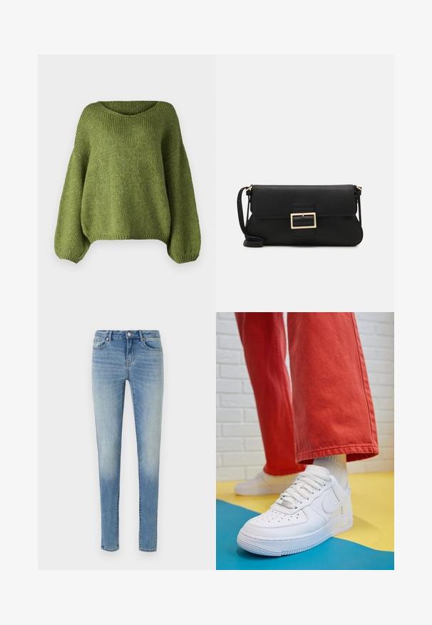 JDY JDYDINEA L/S REVERSIBLE - Džemper - fern; Kitsad teksad heledast sinisest denimist, mis on vähese kulumisega, klassikalise viie taskuga disainiga ning lukuga, millel on nööbiga sulgemine.; Valge nahast tennis, millel on perforeeritud varvas, tekstureeritud tallad ja valged shoelaces, kombineeritud laia punase pükste ja sinise ning kollase taustaga.; Must haben musta nahkklahviga kott, millel on klapp ja kuldne metallist pandla detail. Kaasas must rihm ja stiilne, minimalistlik disain.; Kuldne rõngassõrmused sileda ja läikiva viimistlusega. Ringikujuline disain, millel on väike post ja selge tagumine külg, et tagada kindel kandmine.