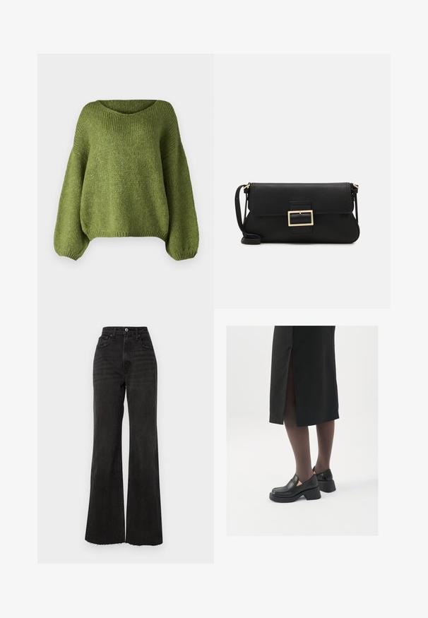 JDY JDYDINEA REVERSIBLE - Pullover - fern; Jean noir évasé taille haute en denim. Présente une fermeture à bouton à l'avant, cinq poches et un ourlet brut aux jambes.; Chaussures noires en cuir avec un bout arrondi, un épais talon bloc et des accents latéraux élastiques, associées à des bas foncés et une jupe noire avec une fente.; Pochette en cuir noir avec un rabat et un détail en boucle en métal doré. Inclut une sangle noire et un design épuré et minimaliste.