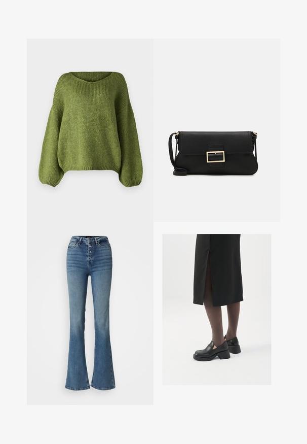 JDY JDYDINEA L/S REVERSIBLE - Svetrík - fern; Modré široké džínsy s vysokým pásom vyrobené z denimu, s rozopínaním na päť gombíkov, s efektom vyblednutia a priliehavým strihom v oblasti stehien.; Čierne kožené topánky s okrúhlou špičkou, silným blokovým opätkom a elastickými bočnými akcentmi, skombinované s tmavými pančuchami a čiernou sukňou so štiepením.; Čierna kožená clutch taška s klopou a zlatým kovovým detailom s prackou. Obsahuje čierny remienok a elegantný, minimalistický dizajn.; Strieborné kruhové náušnice s minimalistickým dizajnom. Cirkulárny tvar, hladký povrch a tenký profil. Ľahké s lesklým povrchom.