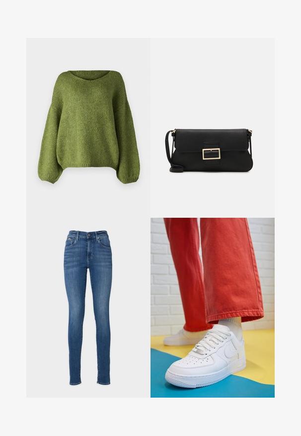 JDY JDYDINEA L/S REVERSIBLE - Džemperis - fern; Tievie zili džinsi, izgatavoti no denima. Iezīmē augstu jostasvietu, piecu kabatu dizainu un metāla pogas aizdari. Vienkrāsaini ar nelielu izbalējumu.; Baltās ādas kedas ar perforētu purngalu, teksturētu zoli un baltām auklām, apvienotas ar platām sarkanām biksēm un zilu un dzeltenu fona.; Melnas ādas saķeres soma ar atloku un zelta metāla sprādzi. Ietver melnu siksnu un elegantu, minimālistisku dizainu.; Zelta auskari ar gludu, spīdīgu apdari. Apaļš dizains, kas ietver mazu tapu un caurspīdīgu pamatni drošai valkāšanai.