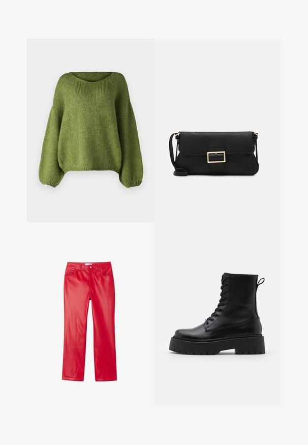 JDY JDYDINEA zielony; Czerwone spodnie z ekoskóry o eleganckim fasonie, prostych nogawkach, pięciu kieszeniach oraz gładkiej, błyszczącej fakturze.; Czarne skórzane botki za kostkę z okrągłym noskiem, sznurówką z przodu i grubą gumową podeszwą z teksturowanym bieżnikiem. Pętelka do zakładania z tyłu.; Czarna skórzana torebka kopertowa z klapką i detalem w postaci złotej metalowej klamry. Zawiera czarny pasek oraz elegancki, minimalistyczny design.; Złote kolczyki w kształcie cienkich okrągłych obręczy, o gładkim metalicznym wykończeniu, bez zdobień czy wzorów.