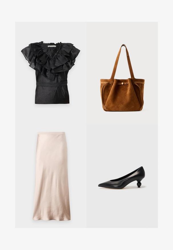 Sort bluse med flæser ved halsudskæringen og ærmerne, der har en tætsiddende talje. Fremstillet af et skinnende materiale med en struktureret overflade.; Satin midi-nederdel i lyse beige, med en tætsiddende talje, glat tekstur og en udvidet nederkant, uden synlige dekorationer eller lommer.; Sort læder høje hæle med spids tå og rund, kugleformet hæl. Glat tekstur med et stilrent, minimalistisk design.; Brun suede tote taske med dobbelthåndtag, en lukning med knap og en afslappet, let slaskete form.