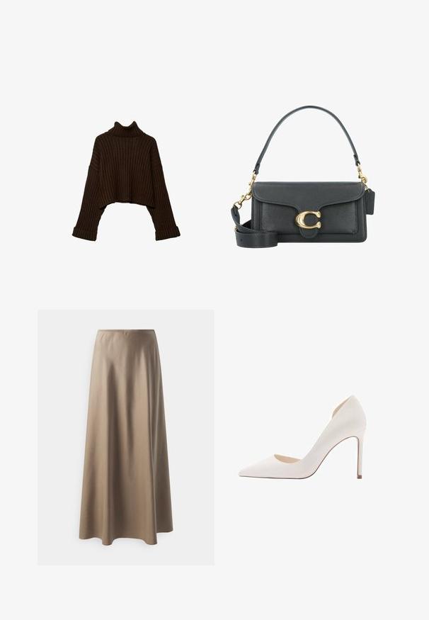 Maglione a collo alto in cotone marrone, con maniche lunghe e un design a maglia strutturata. Presenta polsini larghi e un colletto aderente.; Camisola nera con sottili spalline regolabili, caratterizzata da un davanti drappeggiato e dettagli arricciati sul lato, realizzata in tessuto leggero.; Gonna midi realizzata in tessuto beige liscio con una vita elasticizzata e una silhouette fluida e morbida. Nessun motivo o dettaglio visibile.; Scarpa con tacco alto a punta bianca, dalla texture liscia, silhouette elegante e sottile tacco a stiletto; presenta un lato scollato.; Borsa a tracolla in pelle nera con accessori in metallo dorato, dotata di una chiusura distintiva, di una tracolla rimovibile e di una superficie texturizzata.