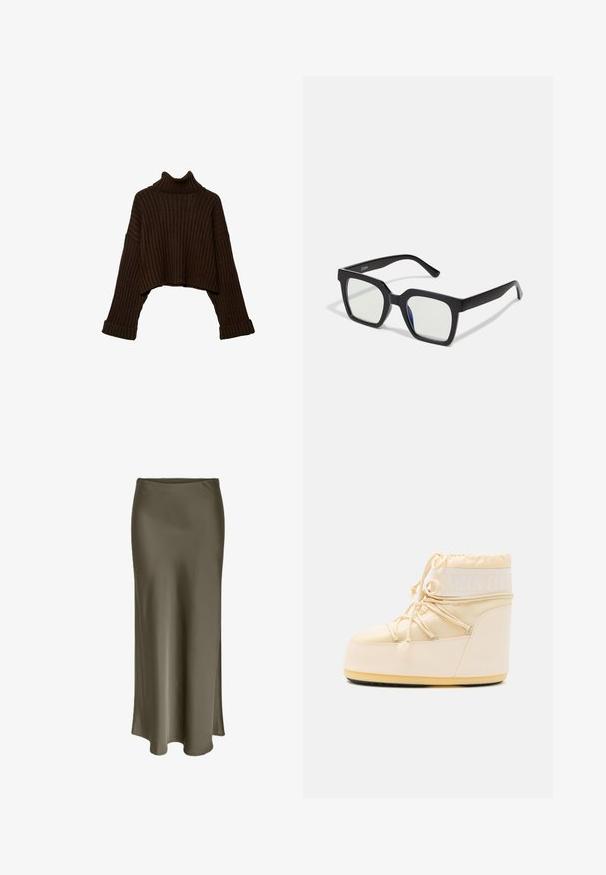 Hnědý zkrácený žebrovaný rolák s dlouhými rukávy a texturovaným pleteným vzorem. Má široké manžety a vypasovaný límec.; Černá tílko s tenkými nastavitelnými ramínky, s volným předním dílem a nabraným bočním detailem, vyrobené z lehkého materiálu.; Dlouhá sukni olivově zelené barvy vyrobená z hladkého, lesklého materiálu, s bočním rozparkem a jemným, splývajícím designem, který elegantně splývá.; Světle béžová Moon Boot s kulatou špičkou, stahováním na šňůrku a texturovanou gumovou podrážkou. Obsahuje bílé logo a hladké syntetické materiály.; Černé sluneční brýle čtvercového tvaru s matným povrchem, transparentními skly a mírným modrým nádechem na jedné straně. Robustní, ostrý design.