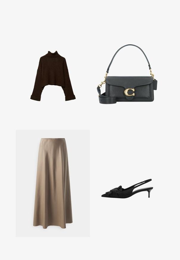 Maglione a collo alto in cotone marrone, con maniche lunghe e un design a maglia strutturata. Presenta polsini larghi e un colletto aderente.; Camisola nera con sottili spalline regolabili, caratterizzata da un davanti drappeggiato e dettagli arricciati sul lato, realizzata in tessuto leggero.; Gonna midi realizzata in tessuto beige liscio con una vita elasticizzata e una silhouette fluida e morbida. Nessun motivo o dettaglio visibile.; Décolleté nere con cinturino alla caviglia, caratterizzate da una punta affusolata, dettaglio a fiocco sul collo del piede, tessuto texturizzato e un tacco sottile lucido da 3 pollici.; Borsa a tracolla in pelle nera con accessori in metallo dorato, dotata di una chiusura distintiva, di una tracolla rimovibile e di una superficie texturizzata.