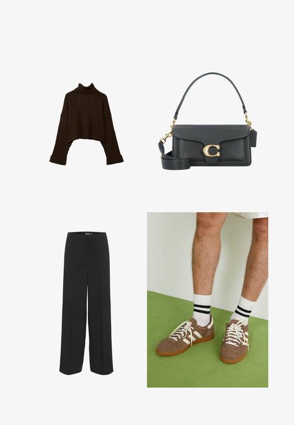 Hnědý zkrácený žebrovaný rolák s dlouhými rukávy a texturovaným pleteným vzorem. Má široké manžety a vypasovaný límec.; Černá tílko s tenkými nastavitelnými ramínky, s volným předním dílem a nabraným bočním detailem, vyrobené z lehkého materiálu.; Černé široké kalhoty vyrobené z hladkého materiálu. Mají vysoký elastický pas a žádné viditelné kapsy ani vzory. Jednoduchý design.; Hnědé semišové tenisky s bílými akcenty a tkaničkami. Gumová podrážka. Nošeny s bílými ponožkami s černými pruhy. Zelená strukturovaná podlaha.; Černá kožená kabelka se zlatým kováním, s podpisovým zapínáním, odnímatelným ramenním popruhem a texturovaným povrchem.