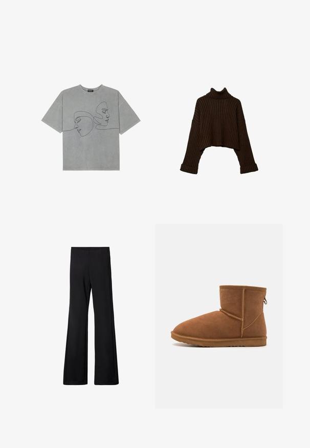 Brauner, kurz geschnittener, gerippter Rollkragenpullover mit langen Ärmeln und strukturiertem Strickdesign. Verfügt über breite Bündchen und einen körpernahen Kragen.; Graues Baumwoll-T-Shirt mit kurzen Ärmeln, das auf der Vorderseite minimalistische schwarze Linienkunst von zwei Gesichtern zeigt, runder Ausschnitt und lockere Passform.; Schwarze, ausgestellt geschnittene Hose mit einem elastischen Bund, hergestellt aus einem weichen, dehnbaren Stoff. Sie hat eine glatte Oberfläche und keine sichtbaren Muster oder Beschläge.; Braune Wildleder-Stiefeletten mit runder Spitze, flexibler Gummisohle und verstärkten Nahtdetails. Mit einem Zugband hinten.