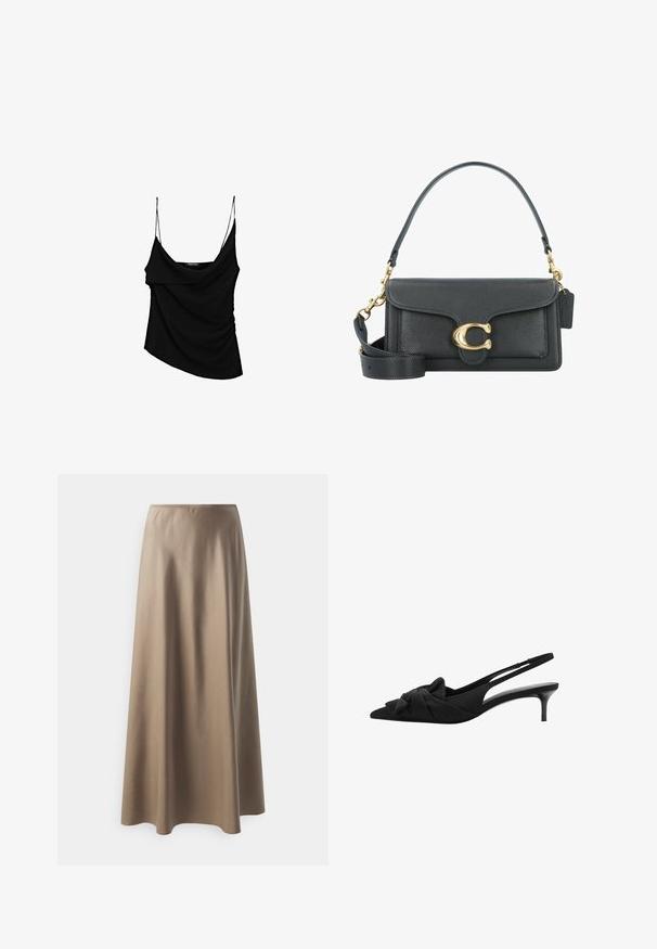 Brązowy, krótki sweter z ribrowanym kołnierzem w stylu golfu, z długimi rękawami i teksturowanym splotem. Posiada szerokie mankiety i dopasowany kołnierz.; Czarna koszulka na ramiączkach z cienkimi regulowanymi paskami, z drapowanym przodem i marszczonym boku, wykonana z lekkiego materiału.; Spódnica do długości midi wykonana z gładkiego, beżowego materiału, z elastycznym pasem i swobodnym, luźnym krojem. Brak widocznych wzorów lub akcentów.; Czarne pantofle slingback z szpiczastym noskiem, detalem w postaci kokardy na wierzchu, teksturowanym materiałem oraz smukłą, 3-calową błyszczącą szpilką.; Czarna skórzana torba na ramię z akcentami w kolorze złotym, wyposażona w charakterystyczne zapięcie, odpinany pasek na ramię oraz teksturowaną powierzchnię.