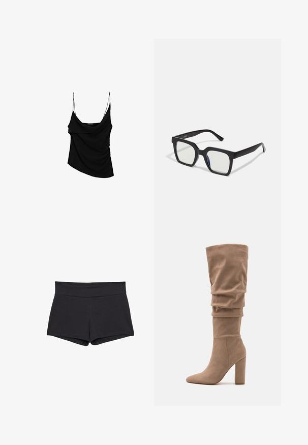 Brown, cropped ribbed turtleneck sweater with long sleeves and a textured knit design. Features wide cuffs and a fitted collar.; Black camisole with thin adjustable straps, featuring a draped front and gathered side detail, made from lightweight fabric.; Black, fitted shorts with a wide waistband, made of a soft, stretchy fabric. Hemlines are smooth with no visible fastenings or patterns.; Anna Field Boots - beige; Black square sunglasses with a matte finish, featuring transparent lenses and a slight blue tint on one side. Robust, angular design.; MISAKO RITTE - Handbag - green