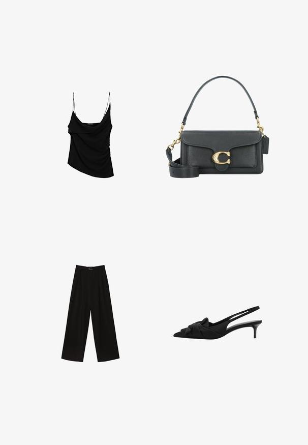 Maglione a collo alto in cotone marrone, con maniche lunghe e un design a maglia strutturata. Presenta polsini larghi e un colletto aderente.; Camisola nera con sottili spalline regolabili, caratterizzata da un davanti drappeggiato e dettagli arricciati sul lato, realizzata in tessuto leggero.; Pantaloni neri a gamba larga con vita alta, dotati di una cintura in vita e pieghe per aggiungere texture. Realizzati in un tessuto morbido e leggero.; Décolleté nere con cinturino alla caviglia, caratterizzate da una punta affusolata, dettaglio a fiocco sul collo del piede, tessuto texturizzato e un tacco sottile lucido da 3 pollici.; Borsa a tracolla in pelle nera con accessori in metallo dorato, dotata di una chiusura distintiva, di una tracolla rimovibile e di una superficie texturizzata.