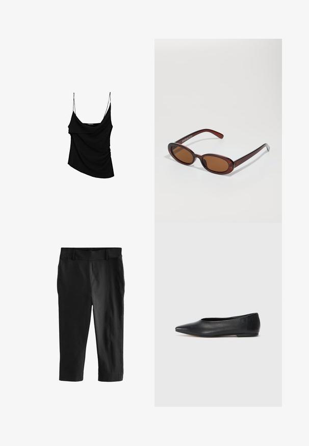 Maglione a collo alto in cotone marrone, con maniche lunghe e un design a maglia strutturata. Presenta polsini larghi e un colletto aderente.; Camisola nera con sottili spalline regolabili, caratterizzata da un davanti drappeggiato e dettagli arricciati sul lato, realizzata in tessuto leggero.; Pantaloni cropped neri con una texture liscia. Presentano una vita anteriore piatta e nessuna tasca visibile, progettati per una vestibilità su misura.; Ballerine in pelle nera, punta affusolata, design minimalista, texture liscia, tacco basso, senza hardware o decorazioni visibili.; Occhiali da sole rotondi con tonalità marrone, montatura lucida color bordeaux. Aste sottili con un sottile dettaglio del marchio. Design delle lenti piatte.