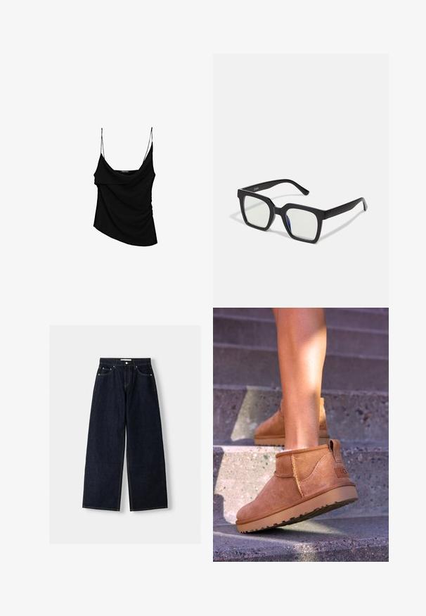 Brauner, kurz geschnittener, gerippter Rollkragenpullover mit langen Ärmeln und strukturiertem Strickdesign. Verfügt über breite Bündchen und einen körpernahen Kragen.; Schwarzes Top mit dünnen verstellbaren Trägern, das eine drapierte Vorderseite und eine geraffte Seitenpartie aufweist, aus leichtem Stoff gefertigt.; Dunkelblaue, weite Jeans mit hoher Taille, fünf Taschen, Kontrastnähten und silbernem Metallzubehör. Glatte Textur und saubere Verarbeitung.; Beige Wildleder-Ankelstiefel mit weicher Textur, gesteppten Details und einer Gummisohle, ausgestattet mit einer Schlaufe an der Ferse für einfaches An- und Ausziehen.; Schwarze quadratische Sonnenbrillen mit matter Oberfläche, die über transparente Gläser und einen leichten blauen Farbton auf einer Seite verfügen. Robustes, kantiges Design.