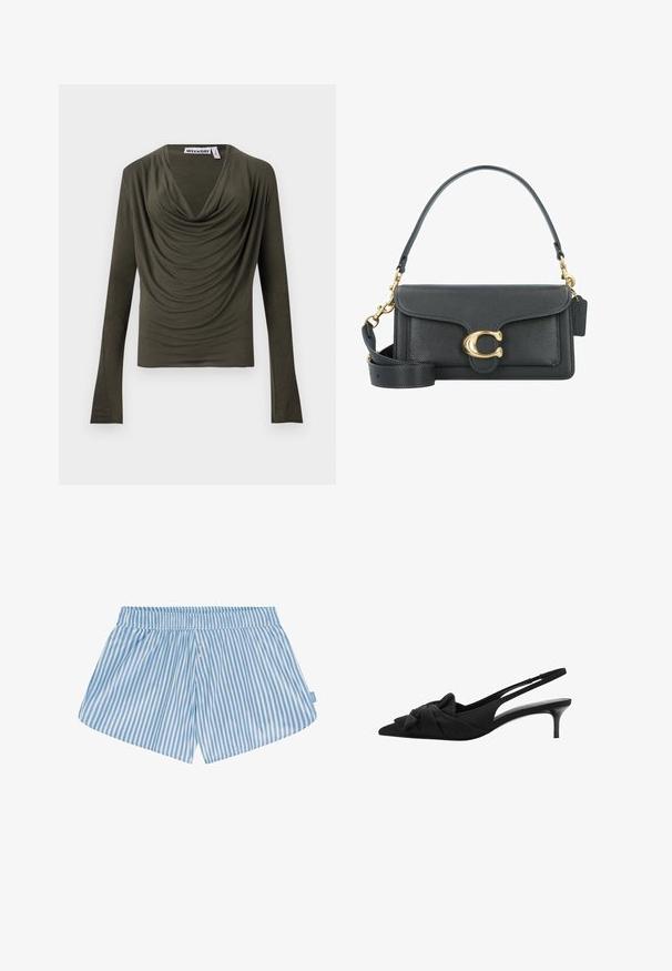Hnědý zkrácený žebrovaný rolák s dlouhými rukávy a texturovaným pleteným vzorem. Má široké manžety a vypasovaný límec.; Zelenohnědý top s dlouhými rukávy, volným skládáním u krku, jemnou texturou a přiléhavým střihem. Štítek hlásí "WEEKDAY."; Modré a bílé pruhované šortky s elastickým pasem, dvěma knoflíky vpředu a volným střihem. Tkanina vypadá hladce a má lehkou texturu.; Černé lodičky s otevřenou patou s špičatou špičkou, mašlí na nártu, texturovanou látkou a štíhlým lesklým podpatkem o výšce 7,5 cm.; Černá kožená kabelka se zlatým kováním, s podpisovým zapínáním, odnímatelným ramenním popruhem a texturovaným povrchem.