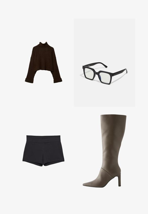 Brązowy, krótki sweter z ribrowanym kołnierzem w stylu golfu, z długimi rękawami i teksturowanym splotem. Posiada szerokie mankiety i dopasowany kołnierz.; Czarne, dopasowane szorty z szerokim pasem, wykonane z miękkiego, elastycznego materiału. Brzegi są gładkie, bez widocznych zapięć lub wzorów.; Kozaki skórzane w kolorze brązowym sięgające do kolan, zakończone szpiczastym noskiem i szpilką, charakteryzujące się gładką teksturą oraz minimalistycznym wzornictwem.; Czarne okulary przeciwsłoneczne w matowym wykończeniu, z przezroczystymi soczewkami i lekko niebieskim odcieniem z jednej strony. Solidny, kanciasty design.; MISAKO RITTE zielony