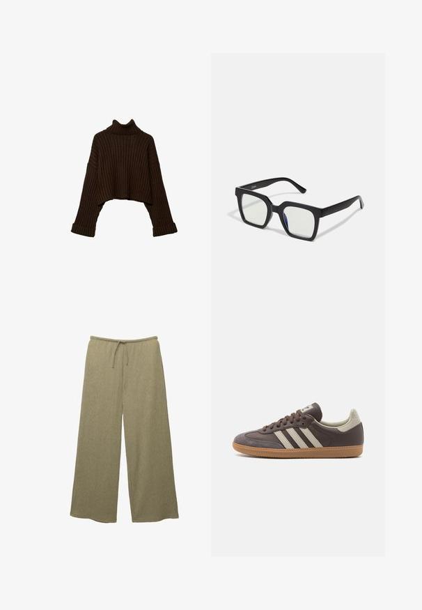 Hnedý, skrátený, rebrovaný rolák s dlhými rukávmi a textúrovaným pletením. Má široké manžety a priliehavý golier.; Svetlozelené široké nohavice z textúrovanej rebrovanej látky, s elastickým pásom a šnúrkou na nastavenie veľkosti.; Hnedá kožená teniska s tromi svetlosfarbenými pruhmi, gumovou podrážkou, okrúhlou špičkou a textúrovanými semišovými akcentmi na päte a špičke.; Čierne slnečné okuliare s matným povrchom, so priehľadnými šošovkami a jemným modrým odtieňom na jednej strane. Robustný, uhlový dizajn.; MISAKO RITTE - Kabelka - green