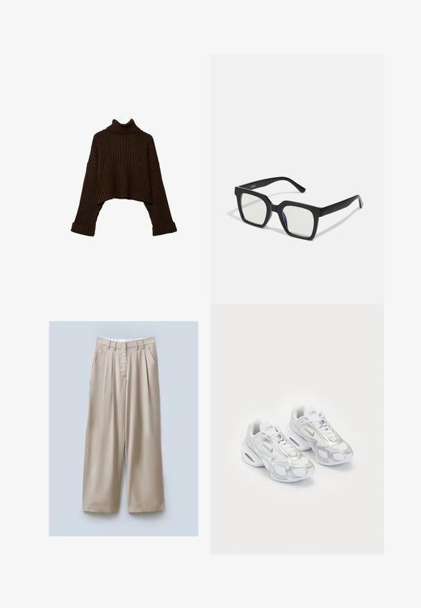 Brun, cropped ribbet turtleneck sweater med lange ærmer og et struktureret strikdesign. Har brede manchetter og en tætsiddende krave.; Beige brede bukser med tekstureret finish, der har to sidelommer, frynsede detaljer foran og en taljeelastik for en sikker pasform.; Hvide atletiske sko med en mesh-overdel og sølvfarvede accenter, en unik form og luftdæmpning i hælen. Snørebåndsdesign med logo.; Sorte firkantede solbriller med mat finish, udstyret med transparente linser og en svag blå nuance på den ene side. Robust, vinkelret design.; MISAKO RITTE - Håndtasker - green