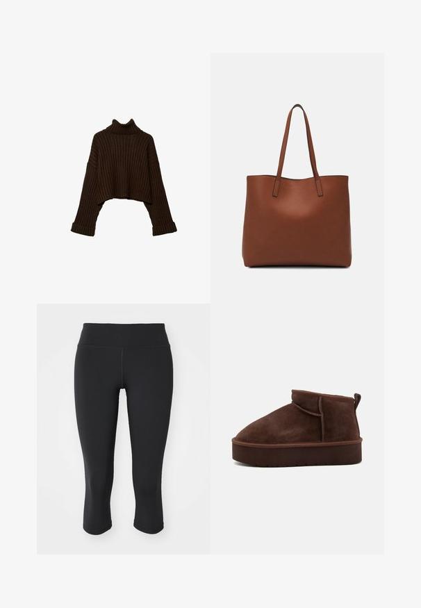 Rjav, kratko ovratnik pleten pulover z dolgimi rokavi in teksturiranim pletenjem. Ima široke manšete in prilagojen ovratnik.; Črne legice do kolen, izdelane iz raztegljivega materiala. Imajo širok pas in gladko teksturo z minimalnimi šivi.; Rjavo semiš škornji do gležnja z zaokroženim nosom, mehkega tekstura in debelim podplatom. Imajo diskretno šivano podrobnost in zanko na zadnjem delu.; Rjava usnjena torba z gladko teksturo, odprto zasnovo zgoraj in dvema naramnima trakovoma. Opremljena je z minimalnim šivanjem in brez vidnih kovinskih delov.