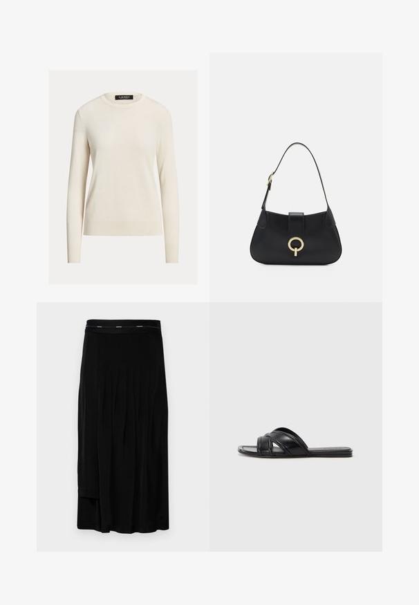 Vaalean kerma väri villapaita, pitkät hihat, pyöreä pääntie, neulepinta, joustavat hihansuut ja helma, tarrassa lukee "LAUREN." Yksinkertainen, minimalistinen muotoilu.; Mustat midi-hameet, joissa on poimutuksia, sileä pinta ja leveä vyötärö, jossa on hienovarainen brändilogo. Yksinkertainen muotoilu ja lattiapituinen leikkaus.; Musta liukusandaalit, joissa on sileä nahkapinta, ristitaskut ja leikkuuyksityiskohdat, sekä litteät, joustavat pohjat.; Musta nahkalaukku, jossa on kaareva siluetti, lyhyt olkahihna, keskeinen kultainen koriste ja sileä pinta. Ei näkyviä kuvioita tai yksityiskohtia.