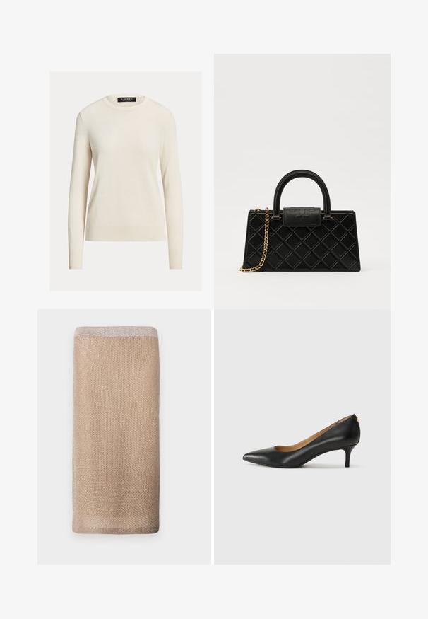 Light cream sweater, long sleeves, rounded neckline, knit texture, ribbed cuffs and hem, label reads "LAUREN." Simple, minimalist design.; Beige knitted scarf with a subtle sheen, textured finish, and a lighter-colored trim at the top edge. Rectangular shape.; Black leather pump with a pointed toe, low heel, and a smooth texture. Features a slight opening at the front and minimal hardware at the back.; Black handbag made of textured leather, featuring a diamond pattern, gold-tone chain strap, and a top handle with a logo-embossed flap closure.