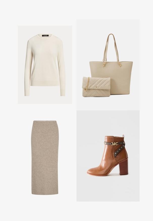 Ljus krämfärgad tröja, långärmad, rundad halsringning, stickad textur, ribbade manschetter och nederkant, etikett med texten "LAUREN." Enkla, minimalistiska design.; Beige ribbad midikjol tillverkad i mjukt tyg med en figurnära silhuett och elastisk midja. Enkelt mönster utan utsmyckningar.; Brun läderankelboot med staplad blockklack, sidrem med guldnitar och en guld "MK"-logobuckle.; Beige tote-väska med platta handtag, slät yta och guldfärgad detalj, i kombination med en matchande kviltad clutch med kedjesnodd.