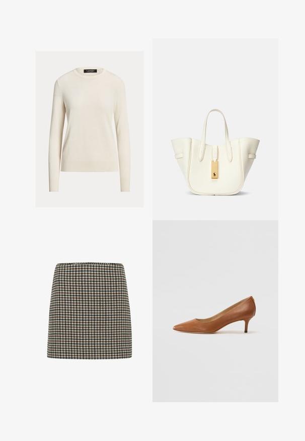 Svetlý krémový svetr, dlouhé rukávy, kulatý výstřih, pletená textura, žebrované manžety a lem, štítek s nápisem "LAUREN." Jednoduchý, minimalistický design.; Károvaná minisukně v černé, hnědé a krémové barvě. Strukturovaný střih s vysokým pasem. Měkká textilie s konzistentním čtvercovým vzorem.; Lauren Ralph Lauren ADRIENNE - Klasické lodičky - deep saddle tan; Bílá kožená taška přes rameno se strukturovaným tvarem, výrazným prošitím, zlatým kovovým štítkem a dvojitými uchy. Texturovaný povrch s bočními kapsami.