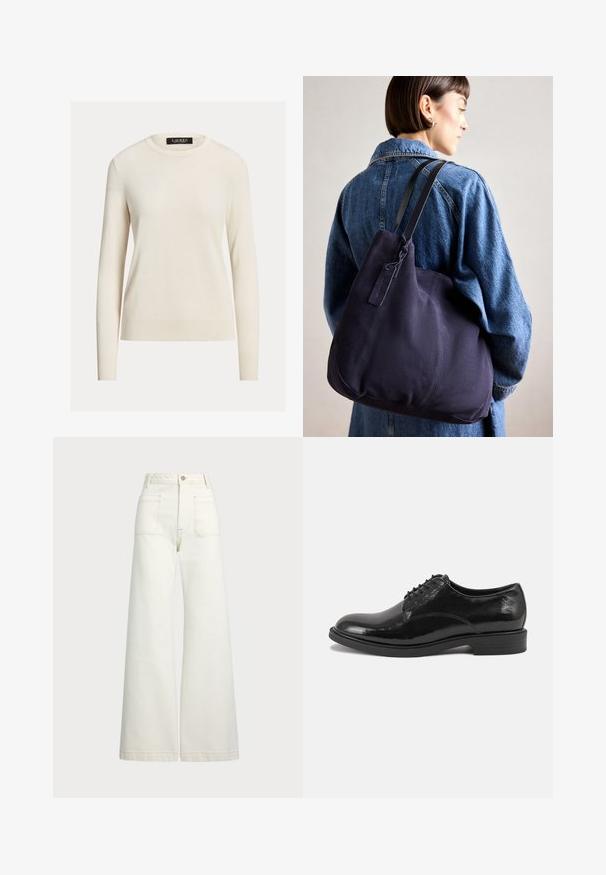 Világos krém színű pulóver, hosszú ujjú, kerek nyakkivágás, kötött textúrával, bordás mandzsettákkal és aljjal, a címke felirata: "LAUREN." Egyszerű, minimalista dizájn.; Széles szárú farmernadrág off-white denim anyagból. Magas derekú dizájn, gombos záródással, két elülső zsebbel és kontrasztos varrási részletekkel.; Fekete bőr öltönycipő fényes felülettel, kerek orral és fűzős dizájnal. Alacsony, rakott sarka van, és finom varrási részletek jellemzik.; Tengerészkék vászon válltáska, puha, struktúrált formával, fekete pánttal, varrott részletekkel és egy kis márkajelzéssel.