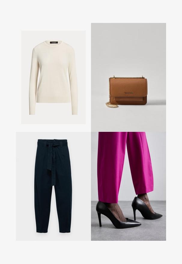 Lichte crème trui, lange mouwen, ronde halslijn, gebreide textuur, ribgebreide manchetten en zoom, label leest "LAUREN." Eenvoudig, minimalistisch ontwerp.; Donkerblauwe hoge taille broek met een sluiting aan de voorkant en een riem, voorzien van taps toelopende pijpen en zijzakken.; Zwarte hoge hakken met een puntige neus en een gladde leren textuur. Gecombineerd met felroze, op maat gemaakte broeken.; Bruine lederen schoudertas met textuur, voorzien van een gouden kettingstrap en klepsluiting. De voorkant heeft een logo-detail en een zak onder de klep.