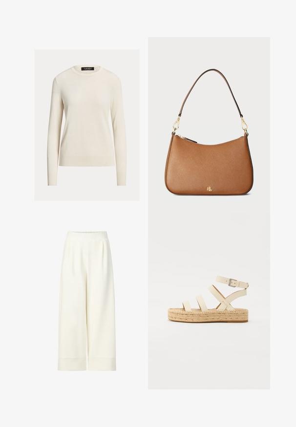 Gaiši krēmkrāsas džemperis, garas piedurknes, apaļa kakla izgriezums, adīta tekstūra, ribota piedurkņu un apkakles mala, birka ar uzrakstu "LAUREN." Vienkāršs, minimālistisks dizains.; Baltas platajās apgriezto kāju bikses ar elastīgu jostu, gludu tekstūru un viegliem krokām priekšpusē, ar nostiprinātiem malām apakšā.; Gai bēšs ādas espadrilu sandalītes ar četriem krusteniskiem siksniņām un potītes sprādzi, kurām ir austs jūtas platformas zole un plakana gumijas pamatne.; Brūna teksturēta ādas rokassoma ar izliekumu formu, zeltītas krāsas aparatūru un vienu plecu siksnu. Aprīkota ar rāvējslēdzēju un logotipa detaļu.