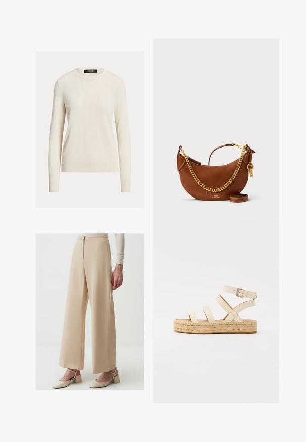 Helles Cremefarbendes Sweatshirt, lange Ärmel, runder Halsausschnitt, gestrickte Textur, gerippte Bündchen und Saum, Etikett mit der Aufschrift "LAUREN." Einfaches, minimalistisches Design.; Beige weit geschnittene Hosen aus glattem Stoff, mit hoher Taille, Falten und sauberem Abschluss. Kombiniert mit beige farbenen Absatzschuhen.; Hellbeige Leder-espadrillesandalette mit vier überkreuzten Riemen und einem Knöchelverschluss, ausgestattet mit einer geflochtenen Jutesohle und einer flachen Gummisohle.; Braune Lederhandtasche mit geschwungenem Design, goldener Kettenriemen, Innentasche und abnehmbarem Schulterriemen. Mit kontrastierenden Nähten.