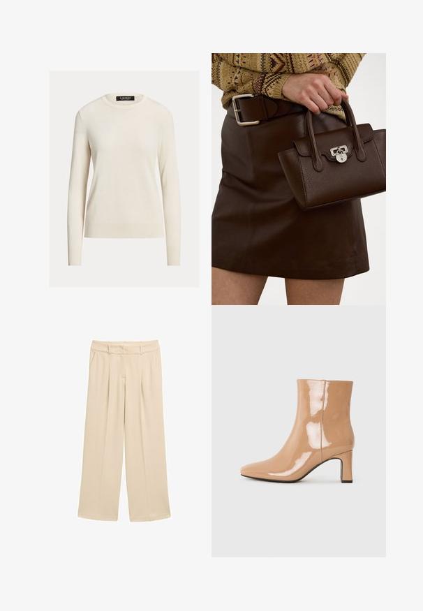 Suéter de crema claro, de mangas largas, escote redondeado, textura de punto, puños y dobladillo acanalados, etiqueta que dice "LAUREN." Diseño simple y minimalista.; Pantalones de pierna ancha beige con una textura suave, que presentan una cinturilla, bolsillos frontales y pliegues pulidos para un aspecto a medida.; Botines de patente nude con punta afilada, acabado brillante y tacón bloque de altura media. Textura suave y silueta elegante.; Bolso de mano de cuero marrón con un acabado texturizado y herrajes plateados, sostenido con una mano al lado de una falda de cuero marrón y un suéter con estampados.