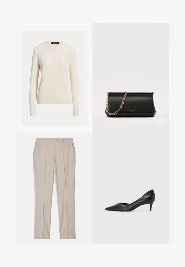 Maglione di colore crema chiaro, maniche lunghe, scollatura rotonda, texture a maglia, polsini e orlo a costine, etichetta con scritto "LAUREN". Design semplice e minimalista.; Filippa K EMMA TROUSERS - Pantaloni - desert tau; Décolleté in pelle nera con punta affusolata e tacco basso. Presenta una texture liscia e una lucentezza sottile. Taglio aperto sulla parte anteriore per un dettaglio aggiuntivo.; Clutch bag in pelle nera con tracolla in catena dorata, caratterizzato da una superficie liscia, forma rettangolare e branding in rilievo sul davanti.