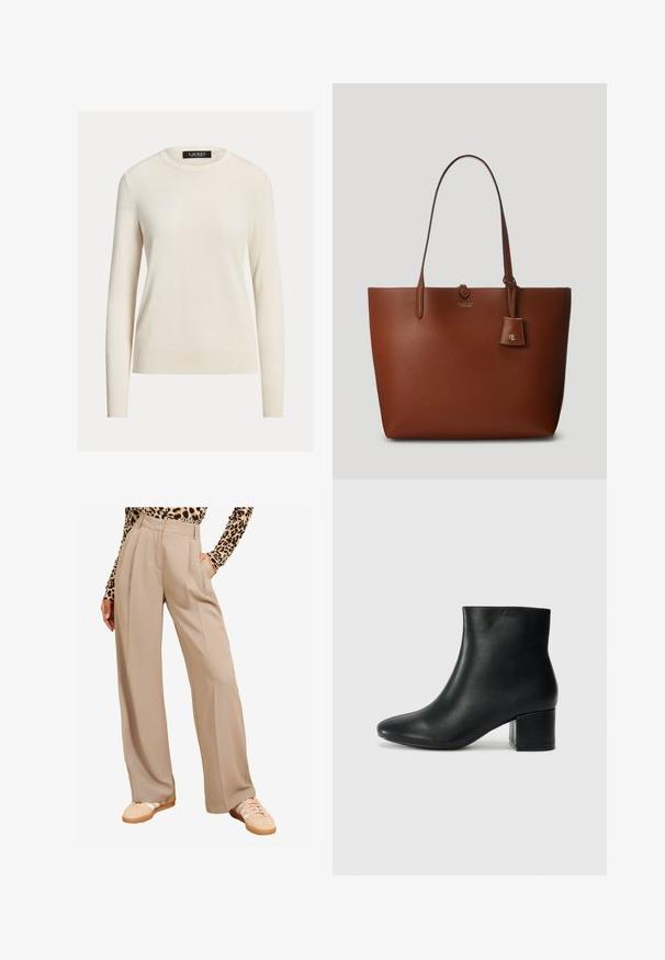 Ljus krämfärgad tröja, långärmad, rundad halsringning, stickad textur, ribbade manschetter och nederkant, etikett med texten "LAUREN." Enkla, minimalistiska design.; Beiga vida byxor med veckad front, hög midja, sidofickor, parat med ljusa sneakers. Tyget ser slätt och strukturerat ut.; Svarta läderankelstövlar med spetsig tå och kraftig klack. Slät textur med minimala accenter och en stilren, åtsittande design.; Brun pebblat läder tote-väska med två handtag, en liten bifogad etikett och en subtil logotyp på framsidan. Slät textur med en strukturerad form.