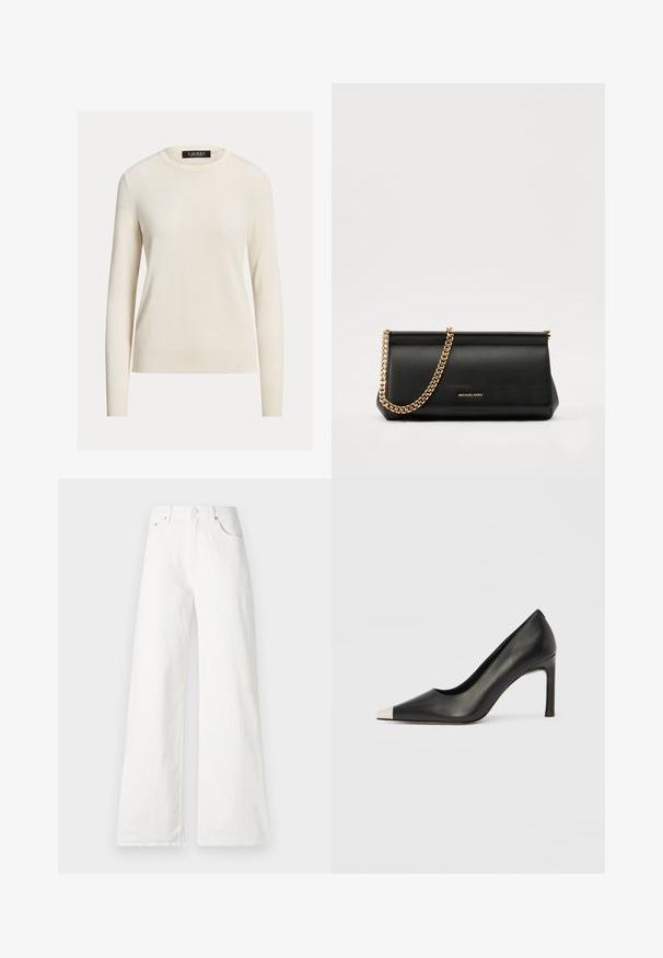 Ljus krämfärgad tröja, långärmad, rundad halsringning, stickad textur, ribbade manschetter och nederkant, etikett med texten "LAUREN." Enkla, minimalistiska design.; Vita vida byxor i denim med hög midja, femficksdesign och knappstängning fram. Slät textur.; Svart skinnsko med hög klack, spetsig tå och metallisk silverhätta. Har en slät yta och en smal klack på 10 cm.; Svart läderclutch med en guldkedjesjal, med en slät yta, rektangulär form och präglad märkning på framsidan.