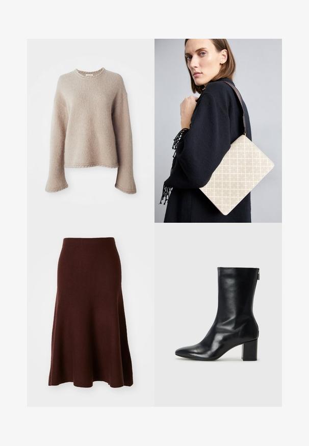 Béžový pletený sveter s dlhými rukávmi, okrúhlym výstrihom a textúrovaným povrchom. Má voľný strih a jemné ribbed detaily na leme.; Hnedá merino vlnená sukňa, v tvare A, hladká textúra, dĺžka po kolená s rozšíreným spodným okrajom, minimálne švy, vhodná na voľný čas.; Čierne kožené členkové topánky s špicatou špičkou a blokovým podpätkom vysokým 4 cm. Elegantný dizajn obsahuje bočný zips pre jednoduché obúvanie. Hladká textúra.; Bežová vzorovaná taška na rameno so štruktúrovaným tvarom, vybavená hnedým štruktúrovaným popruhom. Nosená modelkou na šedom pozadí.