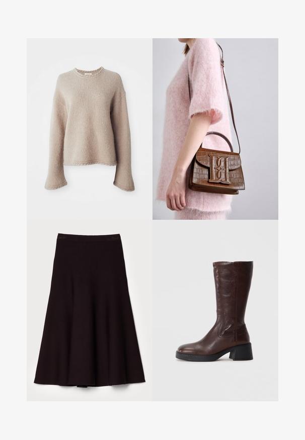 Beige neulepusero, jossa on pitkät hihat, pyöreä kaula-aukko ja teksturoitu pinta. Ominaisuuksiin kuuluu rento istuvuus ja hillityt ribbireunat.; Mustan värinen levenevä hame, joka on valmistettu pehmeästä kankaasta. Hameessa on sileä vyötärö ja virtaava A-linjainen muoto, sekä polveen ulottuva helma.; Ruske kožne čizmice do koljena s teksturiranim završetkom, četvrtastim vrhom i niskim blok petama. Imaju bočne šavove i malo su proširene na vrhu.; Ruskea krokotiili-illalla kuvioitu käsilaukku, jossa on päällikahva ja olkahihna. Etu-läpän päällä on näkyvä logo. Pehmeä tekstuuri.