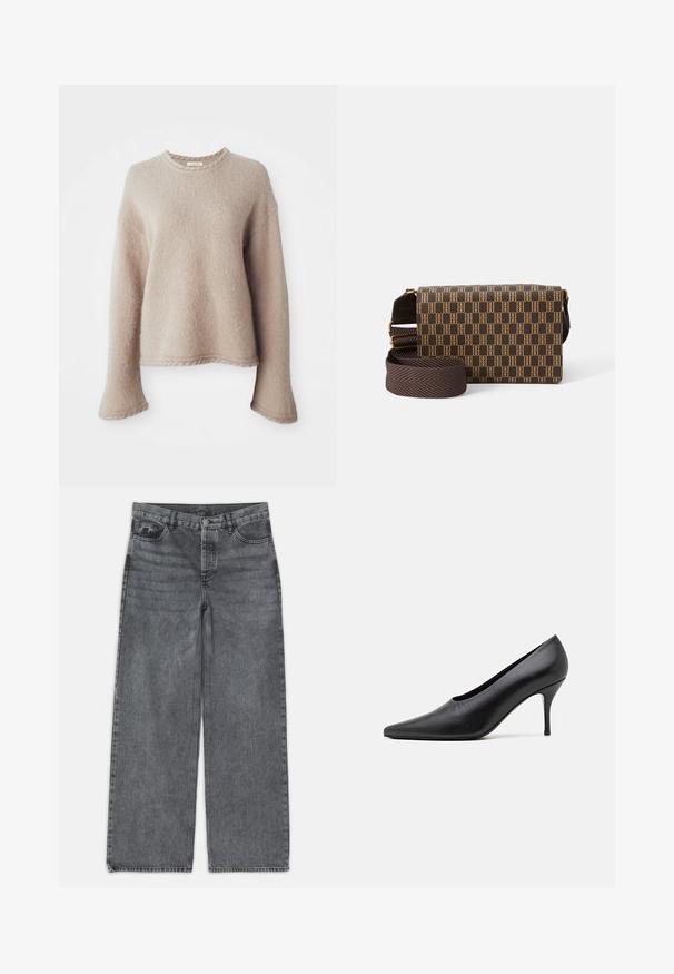 Pulover bej tricotat cu mâneci lungi, guler rotund și un finisaj texturat. Prezintă o croială lejeră și detalii subtile cu nervuri la tiv.; Jeans cu picioare largi din denim gri închis. Prezintă un talie înaltă, design cu cinci buzunare și închidere cu buton în față. Textură netedă cu o decolorare subtilă.; GIABORGHINI HARMONIA - Pantofi clasici cu toc - black; Geantă de umăr maro cu un design geometric, suprafață texturată și o curea detașabilă cu model de pește împletit. Accente din metal aurit.