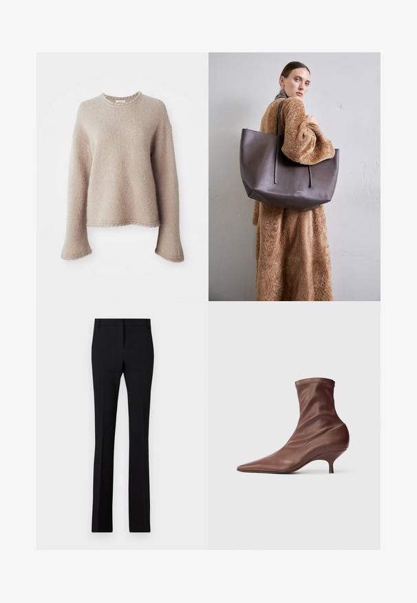 Pull en maille beige avec des manches longues, un col rond et une finition texturée. Doté d'une coupe décontractée et de détails côtelés subtils à l'ourlet.; Pantalon noir à coupe ajustée, jambes droites et texture lisse. Comprend une taille standard et un pli marqué à l'avant.; Bottine marron à bout pointu avec un talon kitten de hauteur intermédiaire et une tige en cuir doux et lisse sur fond clair.; Grand sac fourre-tout texturé de couleur marron foncé avec deux longues poignées. Le sac présente un design minimaliste et un surjet pour un détail supplémentaire.