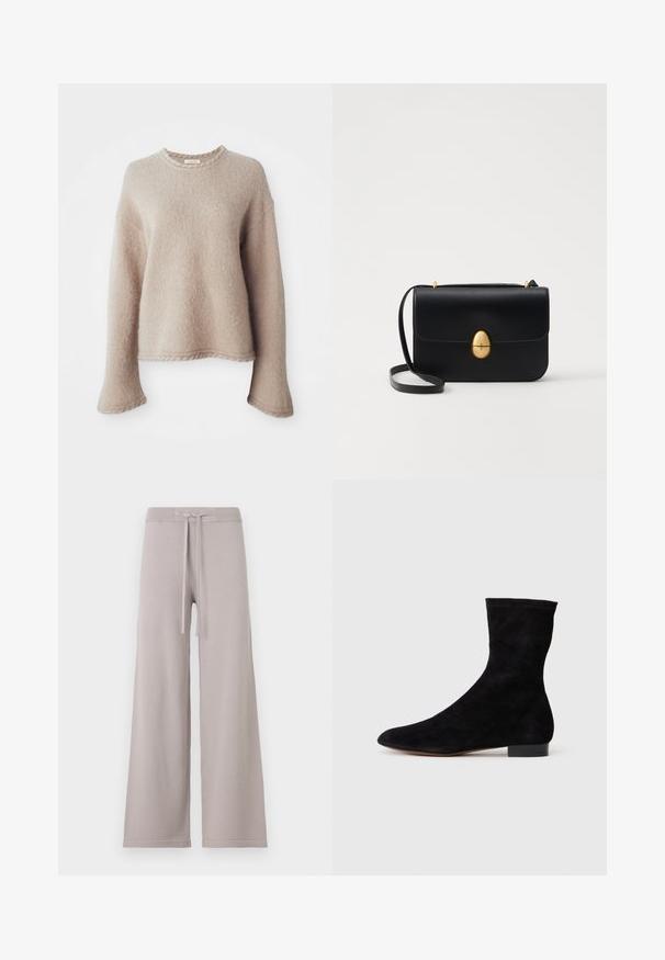 Béžový pletený sveter s dlhými rukávmi, okrúhlym výstrihom a textúrovaným povrchom. Má voľný strih a jemné ribbed detaily na leme.; Svetložlté, široké tepláky z mäkkej látky. Majú rebrovaný pás s šnúrkou a jemné prešitie na leme.; Čierne semišové členkové topánky s priliehavým zvrškom, špicatou špičkou a nízkym blokovým opätkom. Hladká textúra a minimalistický dizajn, vhodné na všestranné kombinovanie.; Čierna kožená kabelka so štruktúrovaným obdĺžnikovým tvarom. Obsahuje zlaté oválne zapínanie a tenký ramenný popruh. Hladká textura.
