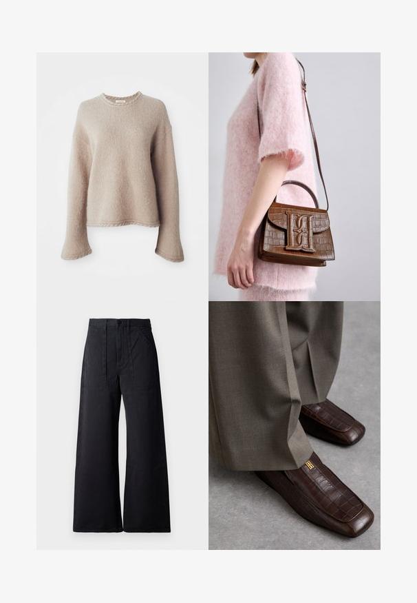 Bēšas adītas džemperis ar garām piedurknēm, apaļu kakla izgriezumu un teksturētu apdari. Raksturīga brīva piegriezuma un smalkas ribotās apakšmalas detaļas.; Platas kājas melnas bikses ar augstu jostasvietu, priekšējiem kabatām un gludu auduma tekstūru. Divas ietamborētas kabatas priekšā piedod papildu detaļas.; Brūni ādas loaferi ar krokodila faktūru, ar zelta logotipa akcentu, saskaņoti ar gaiši pelēkiem biksēm. Kvadrātveida purngals.; Brauns krokodila raksturs somiņa ar augšējo rokturi un plecu siksnu. Priekšējā klapā ir izcils logotips. Mīksta tekstūra.