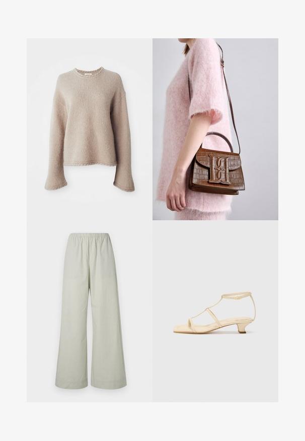 Béžový pletený sveter s dlhými rukávmi, okrúhlym výstrihom a textúrovaným povrchom. Má voľný strih a jemné ribbed detaily na leme.; Svetlozelené nohavice s širokými nohavicami a elastickým pásom, vyrobené z hladkej látky s jemným textúrovaným vzorom. Bez vreciek a kovových detailov.; Béžové sandále na podpätku s dizajnom T-popruhu, štvorcovou špičkou, nastaviteľným členkovým remienkom a nízkym blokovým podpätkom. Hladký kožený materiál.; Hnedá kabelka s embosovaným vzorom krokodíla, so spodnou rukoväťou a ramenným popruhom. Obsahuje výrazné logo na prednom klape. Mäkká textúra.