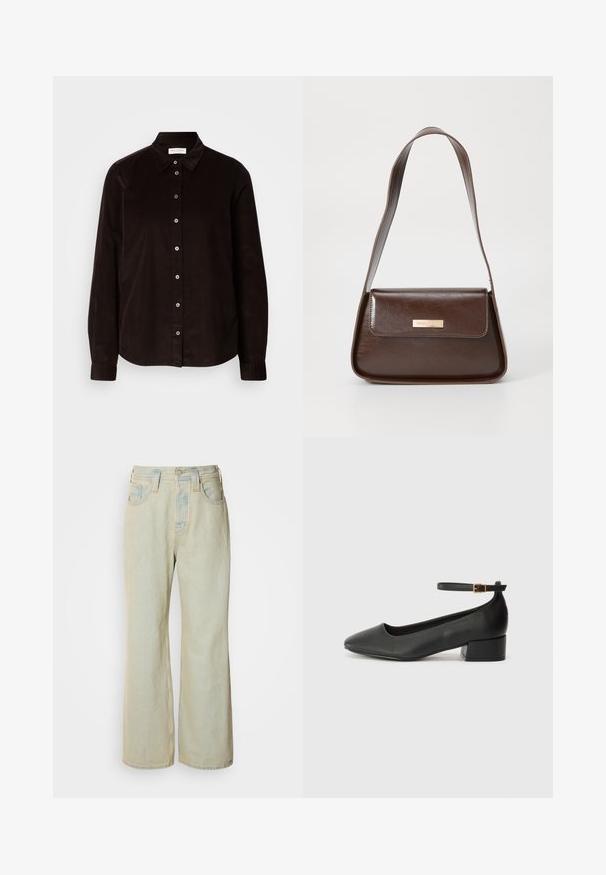 Maglione a coste nere con scollo rotondo e maniche lunghe. Presenta una vestibilità ampia e una superficie testurizzata. Etichetta: Mare O'Polo.; Camicia in corduroy marrone scuro a maniche lunghe con colletto e chiusura frontale con bottoni, esposta piatta su uno sfondo chiaro.; Jeans blu chiaro a gamba larga realizzati in denim, con vita alta, cinque tasche e un leggero sbiadimento con accenti di cucitura a contrasto.; Pump in pelle nera con punta affusolata e tacco basso a blocco. Presenta una cinghia alla caviglia con una fibbia in tonalità oro. Texture liscia.; Borsa a spalla in pelle marrone con una forma strutturata, dotata di chiusura a patta magnetica e un accento di logo metallico sul davanti.