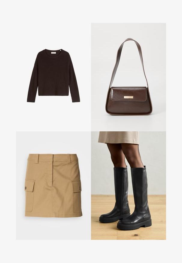 Svart ribbestrikket genser med rund hals og lange ermer. Har løs passform og teksturert overflate. Merke: Mare O'Polo.; Khaki bomullsskjørt med høy midje, to sidelommer med klaffelukking og rett snitt. Holdbart stoff med en glatt tekstur.; Sorte kneehøye støvler laget av skinn med en jevn tekstur, med en tykk gummisåle og en glidelås på siden for enkel påkledning.; Brun lærveske med en strukturert form, med en magnetisk klaffelukking og en metallisk logoaksel på forsiden.