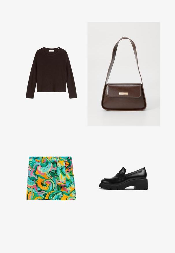 Maglione a coste nere con scollo rotondo e maniche lunghe. Presenta una vestibilità ampia e una superficie testurizzata. Etichetta: Mare O'Polo.; Foulard quadrato in seta colorata con motivi vorticosi in turchese, verde, rosa e giallo, caratterizzato da una texture annodata su un lato.; Mocassino in pelle nera con tacco chunky, suola spessa e un dettaglio a strap nella parte superiore, mostrato di lato su uno sfondo bianco.; Borsa a spalla in pelle marrone con una forma strutturata, dotata di chiusura a patta magnetica e un accento di logo metallico sul davanti.; Orecchini a cerchio in oro con una forma irregolare e texture. Presentano una chiusura senza giunture e una finitura superficiale lucida, che enfatizza un design moderno.