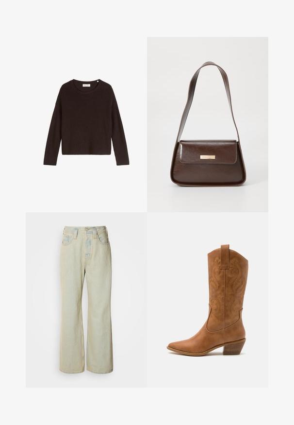 Schwarzer gerippter Strickpullover mit rundem Ausschnitt und langen Ärmeln. Hat einen lockeren Schnitt und eine strukturierte Oberfläche. Etikett: Mare O'Polo.; Hellblaue Schlagjeans aus Denim mit hoher Taille, fünf Taschen und subtilen Ausbleichungen sowie kontrastierenden Nähakzenten.; Braune Leder-Cowboy-Stiefel mit spitzem Zehenbereich, bestickten Wirbelmustern am Schaft und einem gestapelten Blockabsatz. Verfügt über einen Ziehriemen für das einfache Anziehen.; Braune Lederschultertasche mit strukturierter Form, ausgestattet mit einem magnetischen Klappenverschluss und einem metallischen Logoakzent auf der Vorderseite.; Goldene Creolen mit einer strukturierten, unregelmäßigen Form. Sie verfügen über einen nahtlosen Verschluss und eine polierte Oberflächenbehandlung, die ein modernes Design betont.