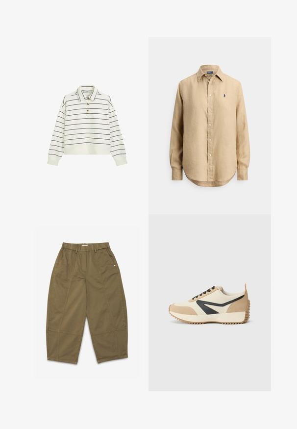 White long-sleeve polo with navy horizontal stripes, three gold buttons at the collar, and a cropped hem. Soft, textured fabric.; Beige long-sleeve button-up shirt with pointed collar and small navy blue embroidered logo on the left chest.; Khaki cotton trousers with an elastic waistband, side pockets, and stitched panel detailing. Loose fit with a straight leg design.; Beige and cream sneakers with black accents, suede and leather materials, textured rubber sole, and classic lace-up design.