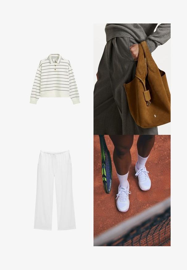 Weißes Langarm-Polo mit navyfarbenen horizontalen Streifen, drei goldenen Knöpfen am Kragen und einem gekürzten Saum. Weicher, strukturierter Stoff.; Weiße weit geschnittene Hosen aus weichem Stoff, mit einem elastischen Bund und einem Kordelzug sowie zwei seitlichen Taschen. Einfaches und klares Design.; Weiße Tennisschuhe mit Netzpaneelen und pinken Akzenten, kombiniert mit weißen Socken, platziert auf einem Sandplatz mit einem nahegelegenen Tennisschläger.; Braune Wildleder-Tote mit runder Form, doppelten Griffen und einem metallischen Hardware-Accessoire. Mit einem kleinen Logo auf der Vorderseite.