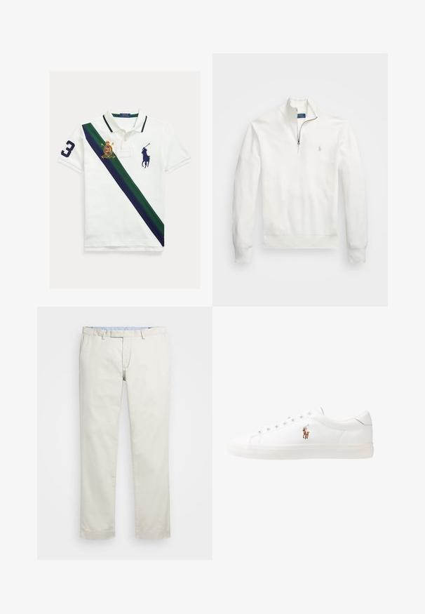 Hvit halv-zip genser laget av teksturert stoff. Har lange ermer, ribbestrikkede mansjetter og en liten logo på venstre bryst.; Hvit polo-skjorte med en grønn og marineblå diagonalt stripe. Har et stort brodert nummer "3," et våpenskjold, og en rytters logo i marineblå.; Beige bomullskjoler med flat front, beltehemper og sidelommer. Rett ben-design med en glatt tekstur og en lett, pustende følelse.; Hvite lærsko, lavt design, med en glatt tekstur, rund tå, snøring foran, og en liten brodert logo på siden.