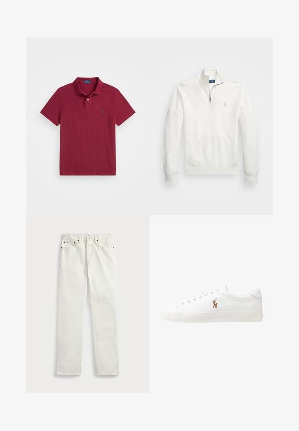Valkoinen puolivetoketjullinen pusero, joka on valmistettu teksturoidusta kankaasta. Siinä on pitkät hihat, ribbausläppä ja pieni logo vasemmassa rinnassa.; Polo Ralph Lauren THE ICONIC MESH POLO SHIRT
 - Pikeepaita - red carpet; Valkoiset farkut suoraa leikkausta, joissa on viisi taskua, metallinapit ja ompeluakkentit saumoissa. Sileä kangas.; Valkoiset nahkakengät, matala malli, jossa on sileä pinta, pyöreä kärki, nauhakiinnitys edessä ja pieni brodeerattu logo sivulla.