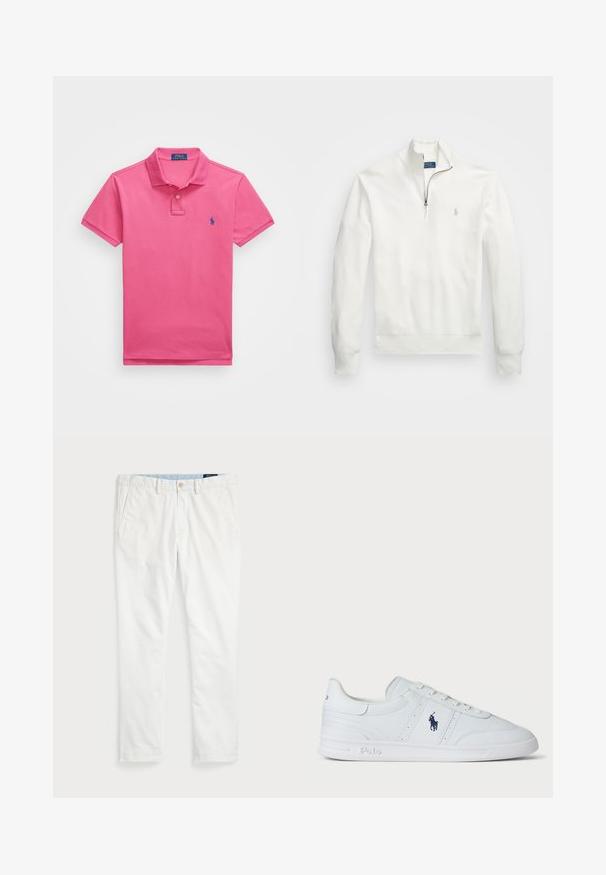Fehér, félig zipzáras pulóver strukturált anyagból. Hosszú ujjakkal, bordás mandzsettával és egy kis logóval a bal mellen.; Rózsaszín pólóing, pamutból készült, rövid ujjú, galléros, két gombbal. A bal melle részén hímezett kék logó található.; Fehér pamut chino nadrág, lapos elülső résszel, övhurkokkal, két oldalsó zsebbel és egy hátsó zsebbel. Simább textúrájú, egyenes szárú.; Fehér bőr sneaker sima felülettel, fűzős záródással, oldalsó sötétkék logóval és tartós gumitalppal.